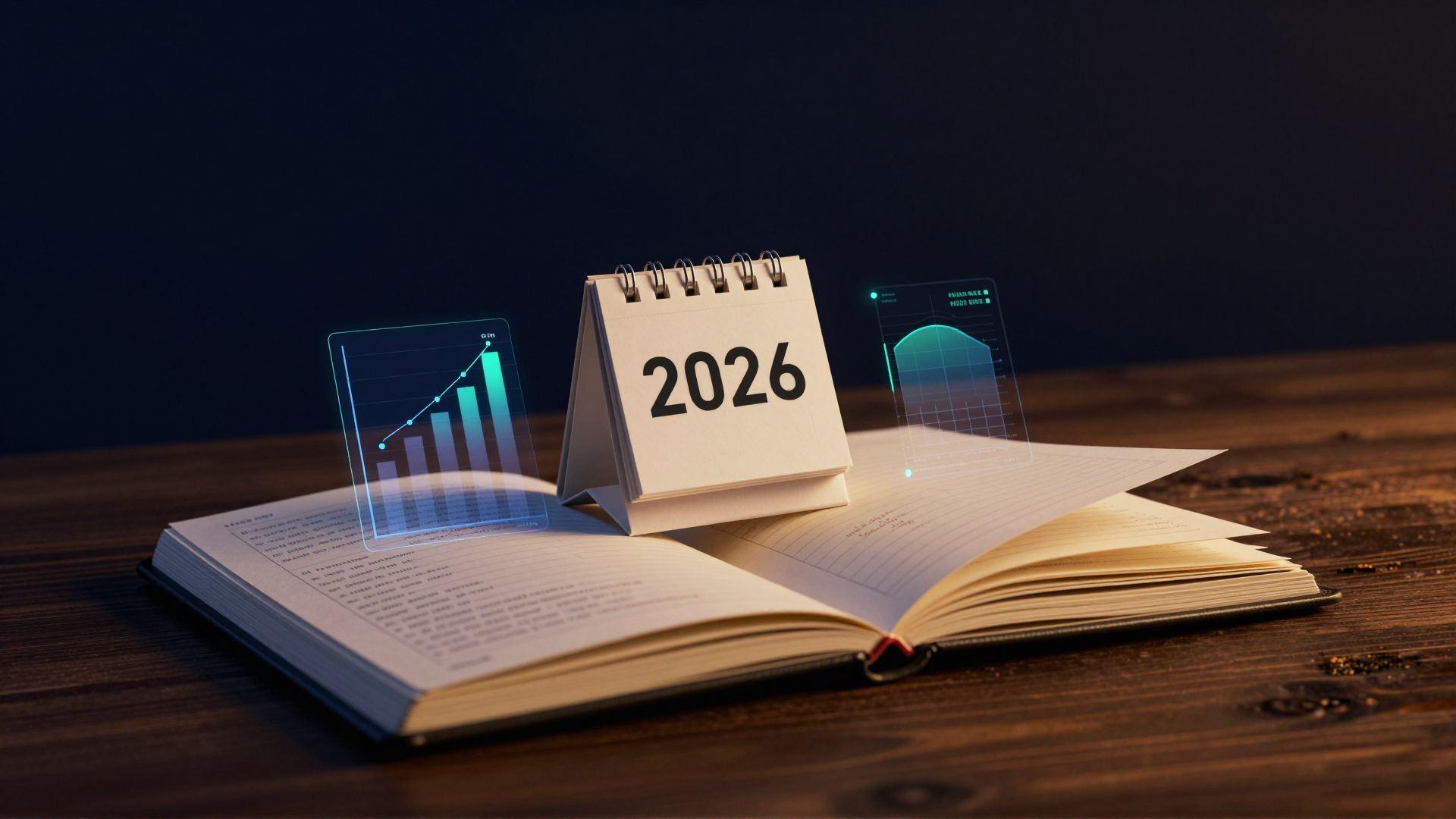 A 2015 notebook of technology predictions beside a calendar turning to 2026
