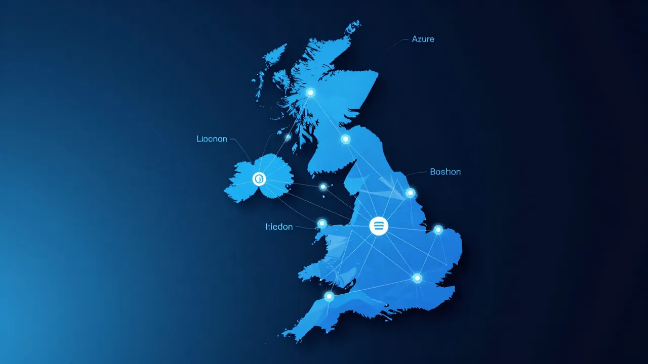 Azure UK data residency architecture showing UK South and UK West regions with availability zones