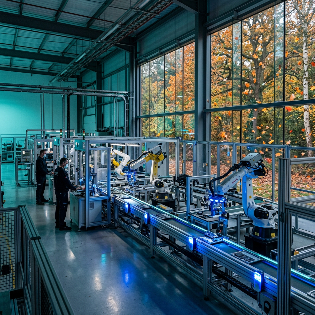 UK factory production line with AI robotic arms and sensors