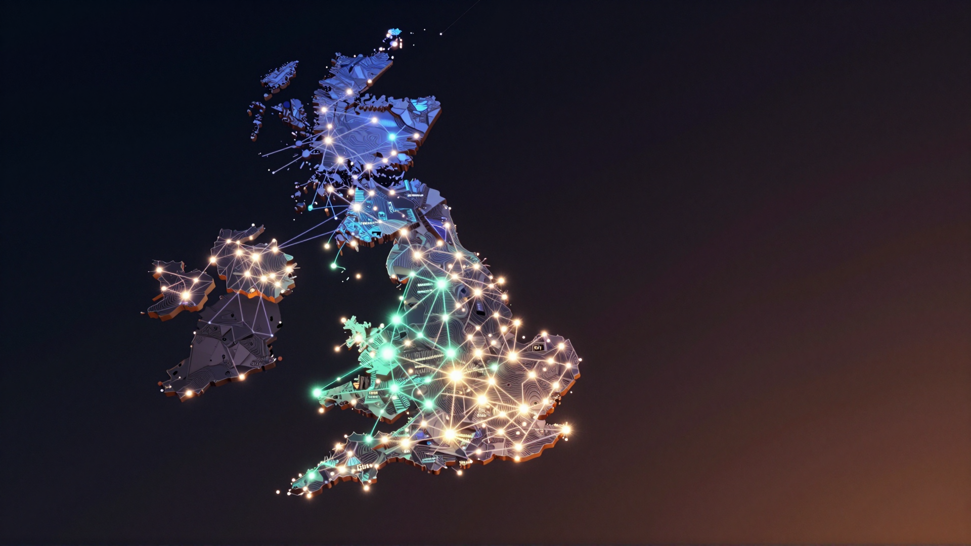 Stylised map of the United Kingdom at night with regional tech hubs glowing as connected data nodes — London no brighter than Manchester, Leeds, Bristol, Edinburgh or Cardiff