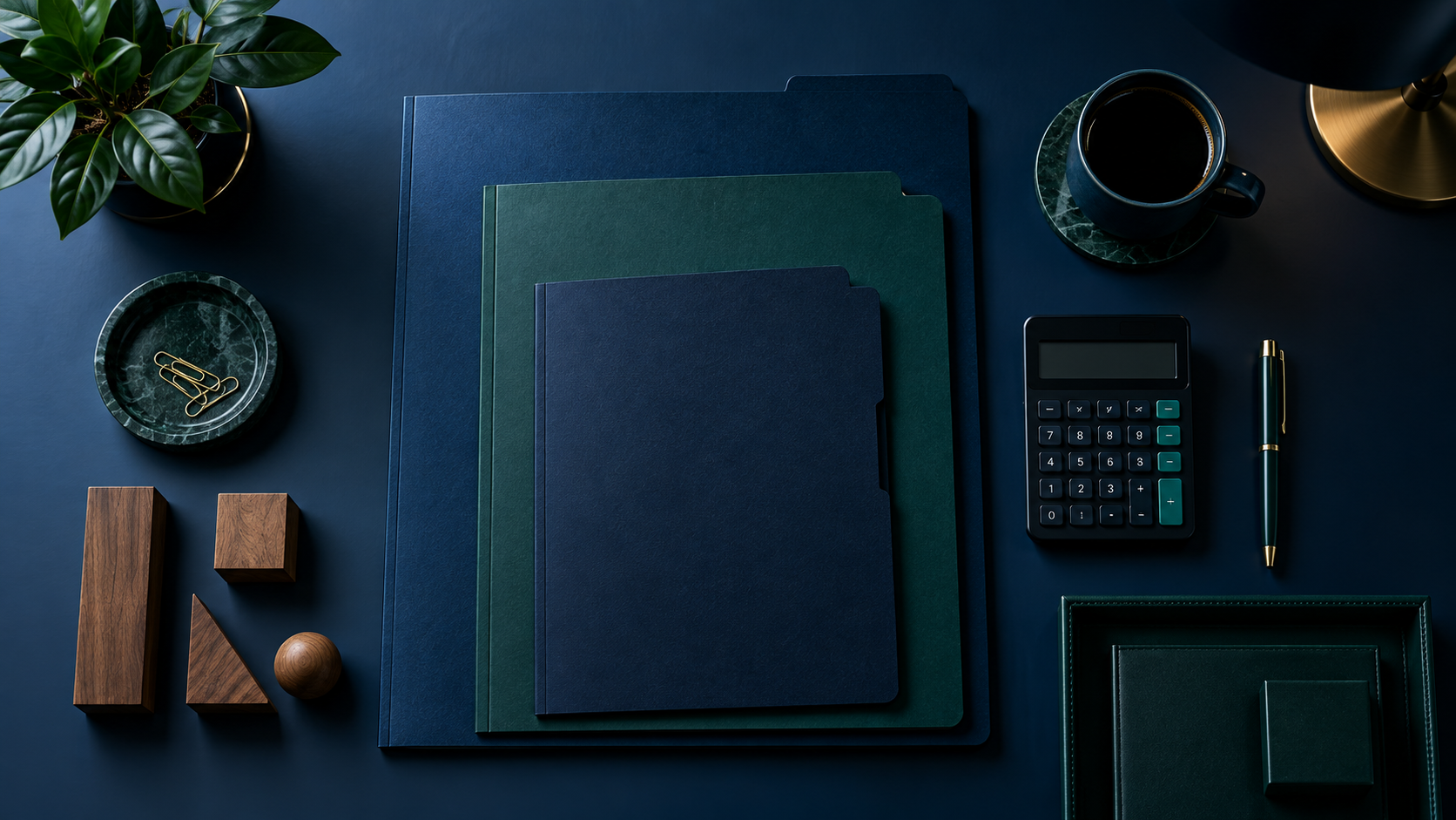An overhead editorial photograph of several differently sized project folders, a calculator and neatly arranged wooden blocks on a small British office desk, with no text, logos or faces.