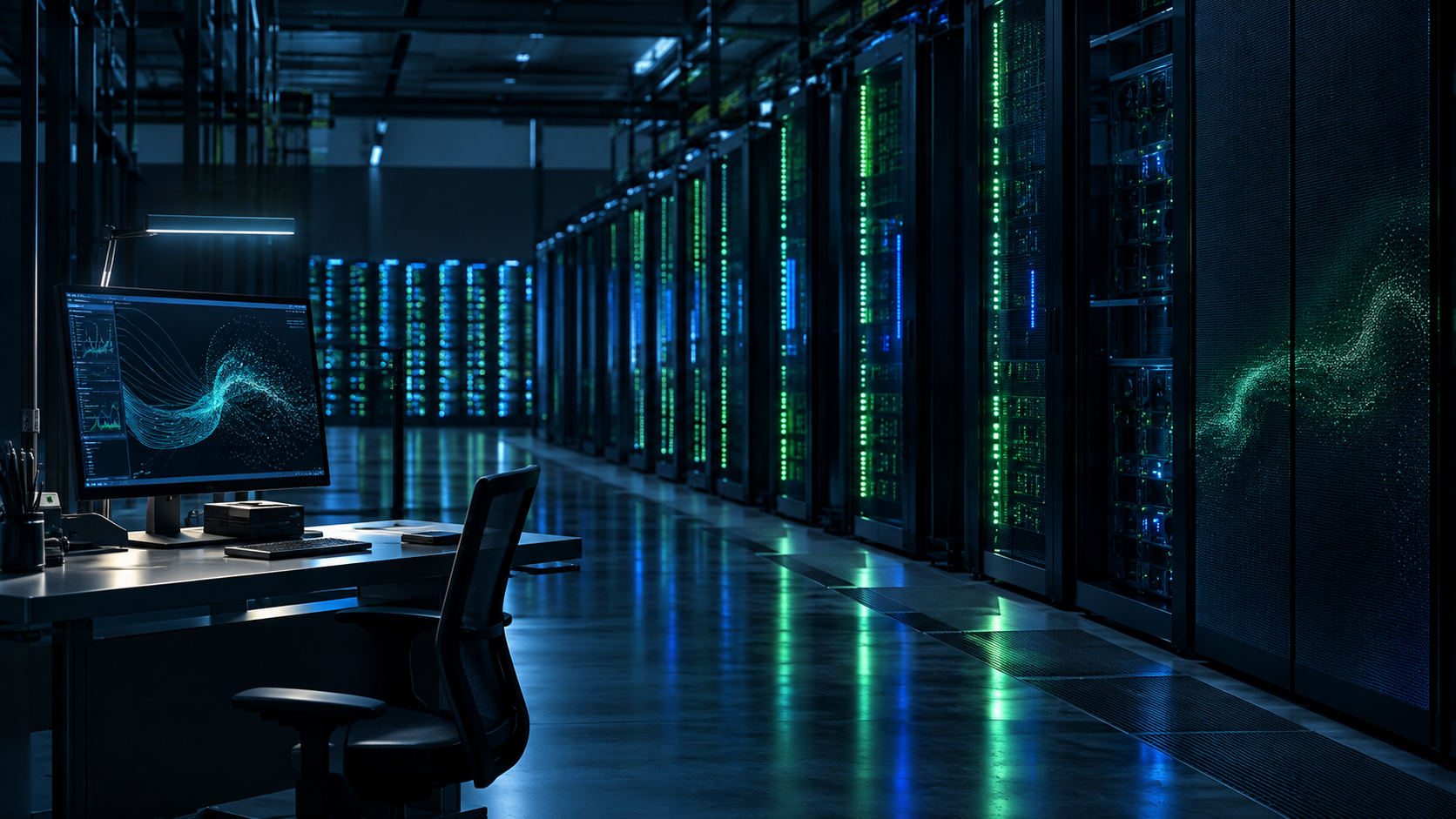 A compact research workstation beside a large supercomputer installation, with blue and green indicator lights and no text, logos or people.