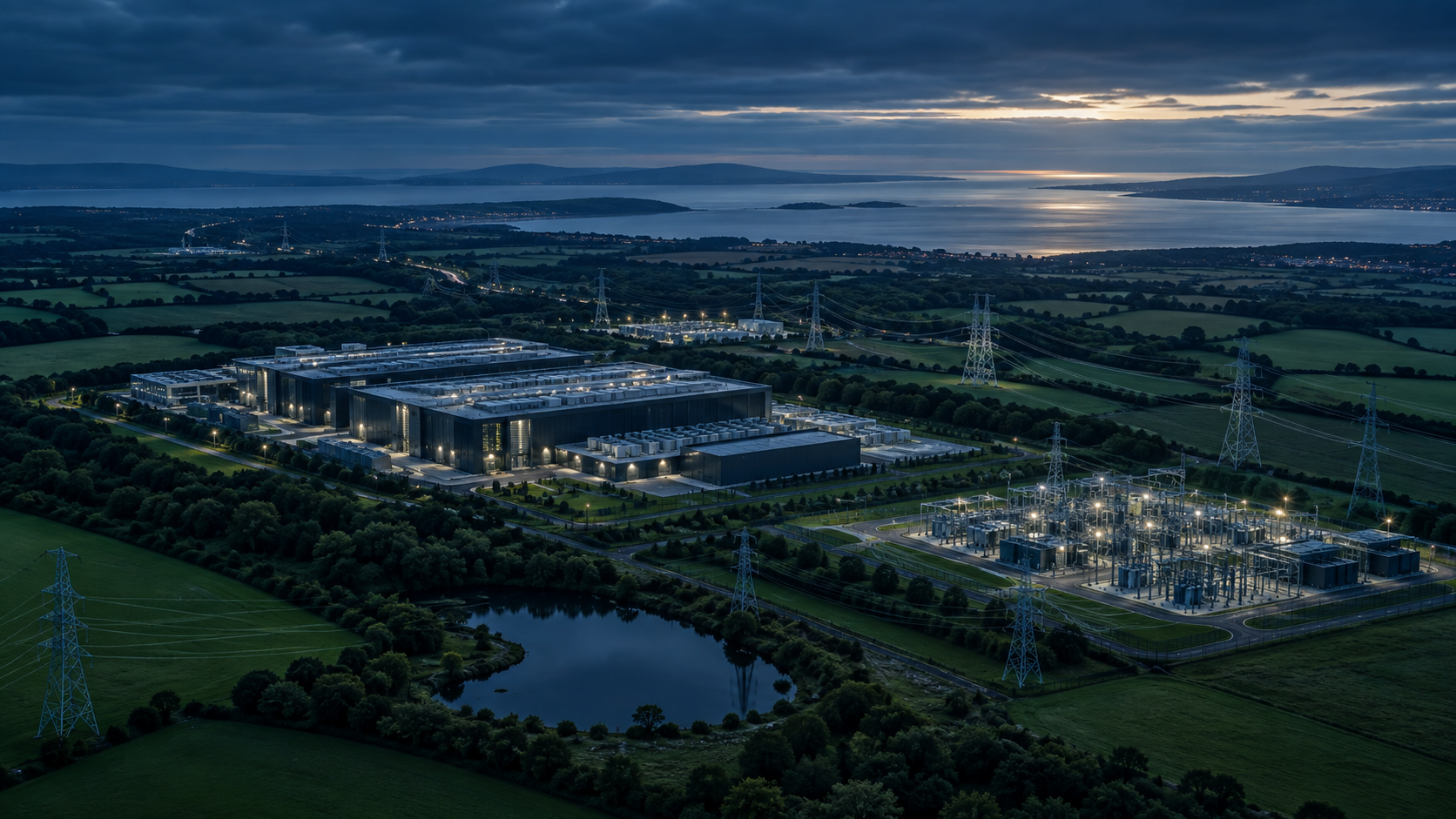An aerial view of a British industrial landscape with a modern data centre, electricity substations and green countryside, without text, logos or faces.
