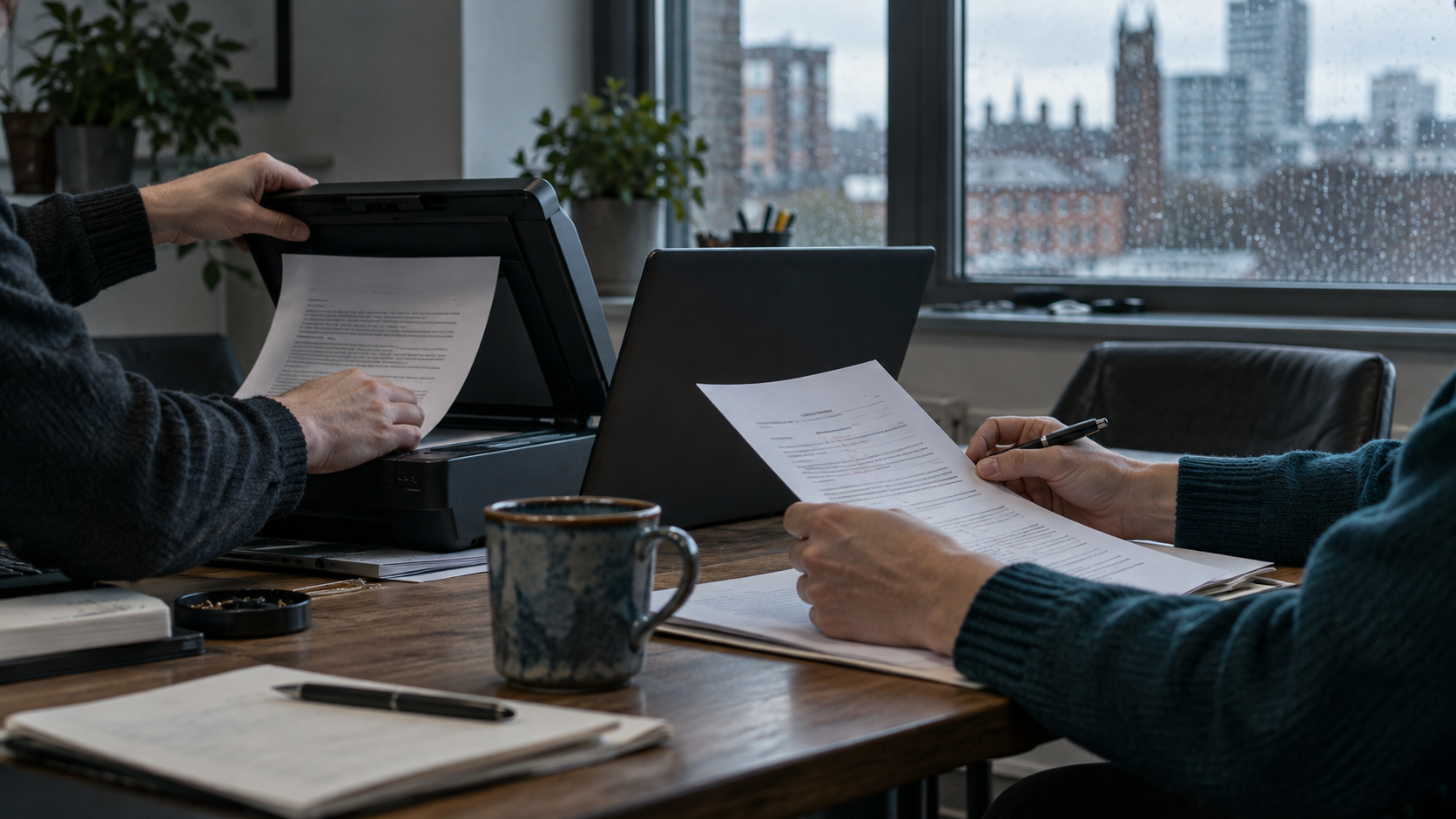 In a UK small-business meeting room in early morning, an employee uploads a printed project proposal to a laptop while a colleague compares it with a marked-up paper copy. A mug and a rain-dappled win