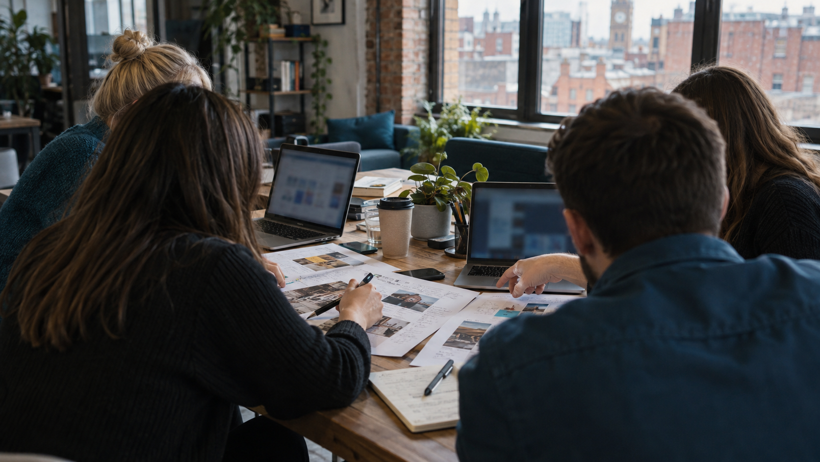 A small UK marketing team sits around a table in a bright Manchester office, comparing printed drafts and discussing whether a separate AI assistant improves their campaign workflow. Laptops show indi