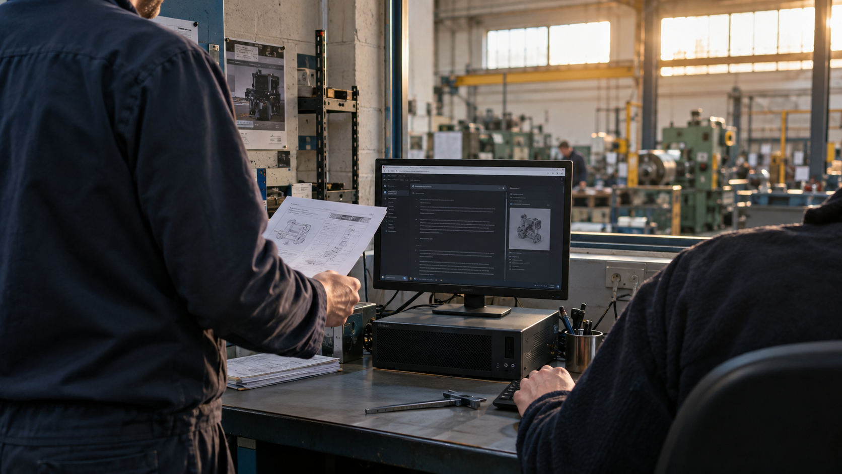 In a small British manufacturing firm, an IT lead stands beside a compact workstation in a quiet workshop office, checking a locally run language model on a plain monitor while a colleague feeds it a 