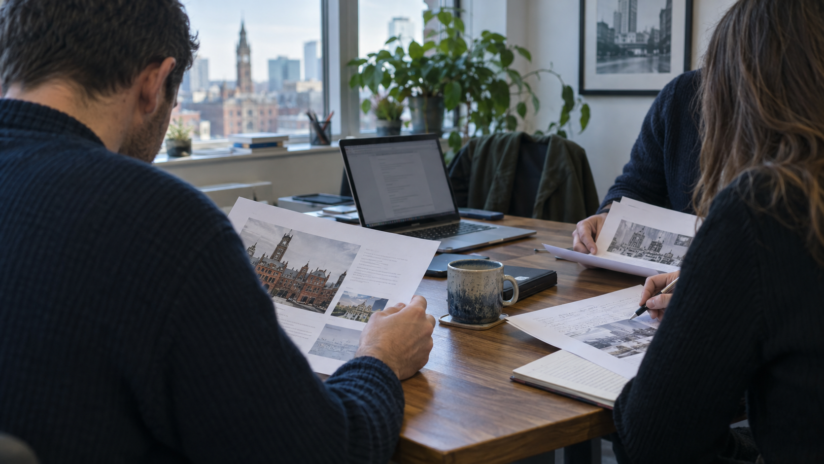 A small UK consultancy meeting in a bright Manchester office on a winter morning: two colleagues review a printed project proposal beside an open laptop showing a softly blurred document, while a thir
