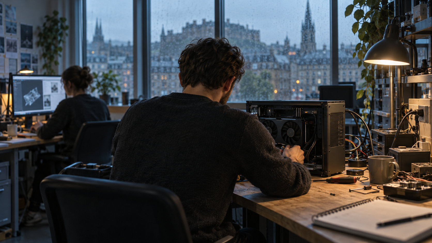 A realistic UK technology lab in the early morning: an engineer, seen from behind, checks a compact GPU workstation while a colleague reviews a model deployment on a plain monitor. Through the window,