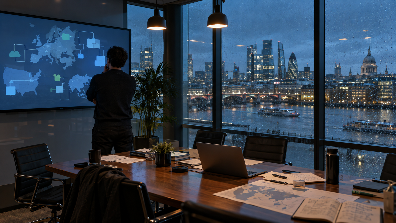 On a rainy evening in the City of London, a cloud architect reviews a regional deployment diagram on a large wall display inside a glass meeting room, with the Thames and illuminated office buildings 