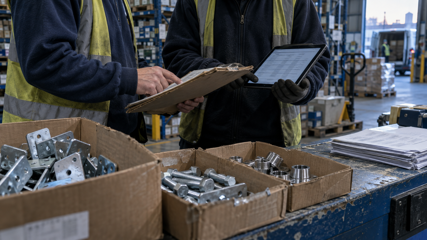 A small British engineering wholesaler's dispatch counter in early morning light, with metal components packed in open cardboard cartons. Two workers, shown only from the shoulders down, compare a del
