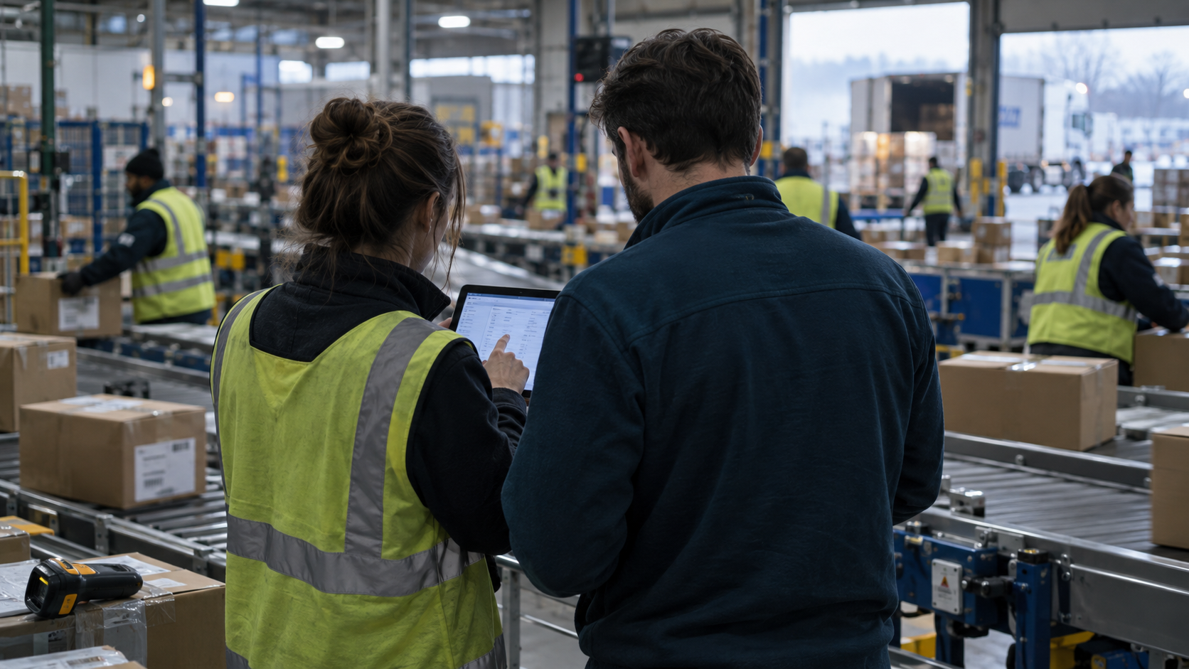A product manager and software engineer stand beside a warehouse packing line in a Midlands distribution centre at early morning, watching a tablet display a live order queue as workers sort parcels i