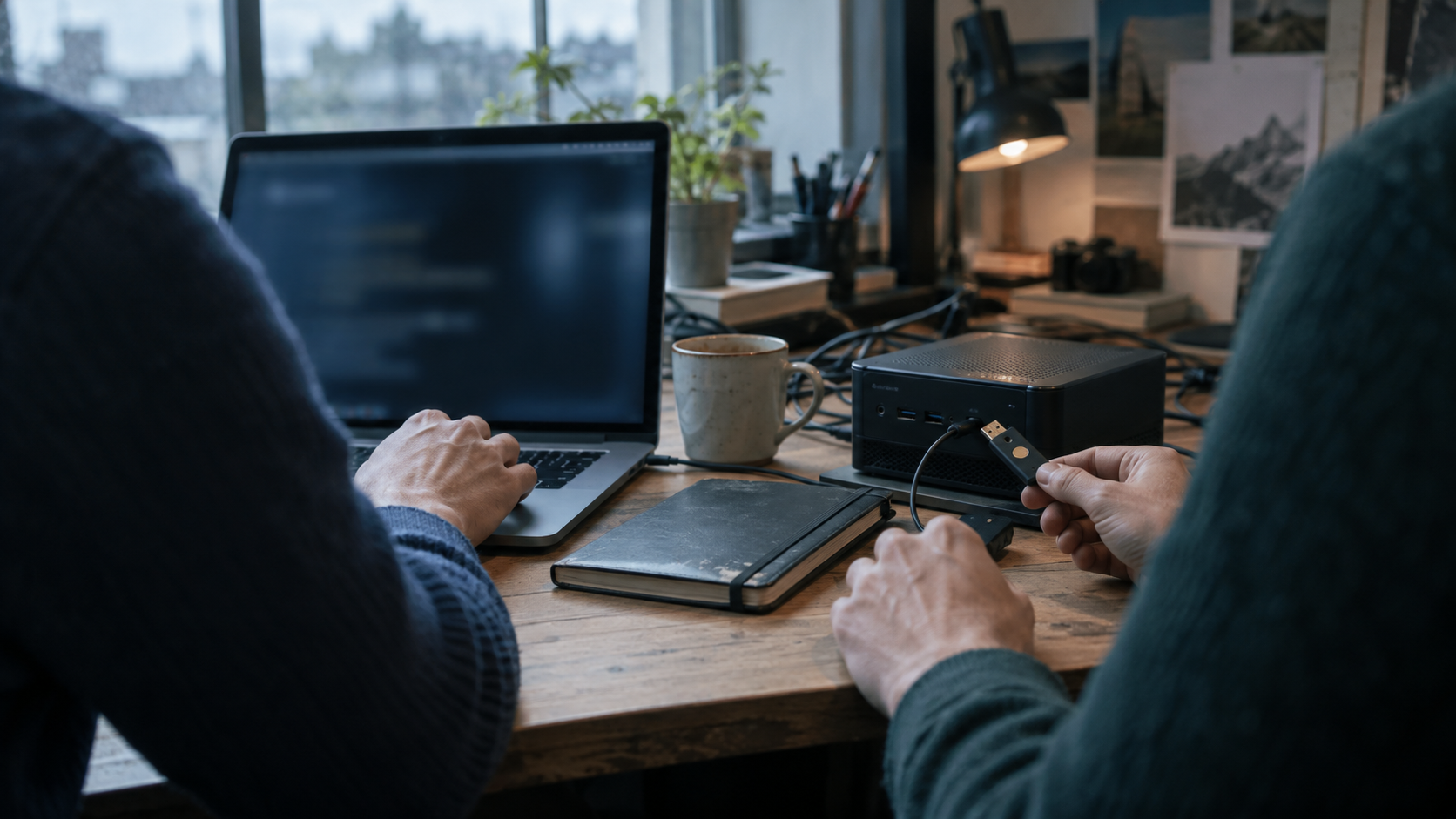 A small Midlands accountancy firm’s meeting room on a bright weekday morning: a staff member seen from behind compares a printed client report with a laptop showing a generic document interface, while