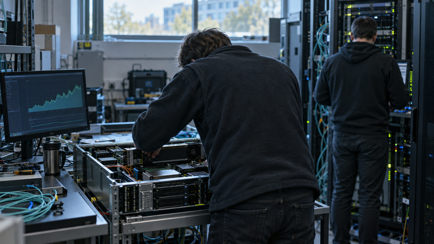 At a UK company’s equipment room, an infrastructure engineer checks a refurbished rack server during a private AI pilot. The open rack holds a compact GPU card, fibre leads and a monitor showing a sim