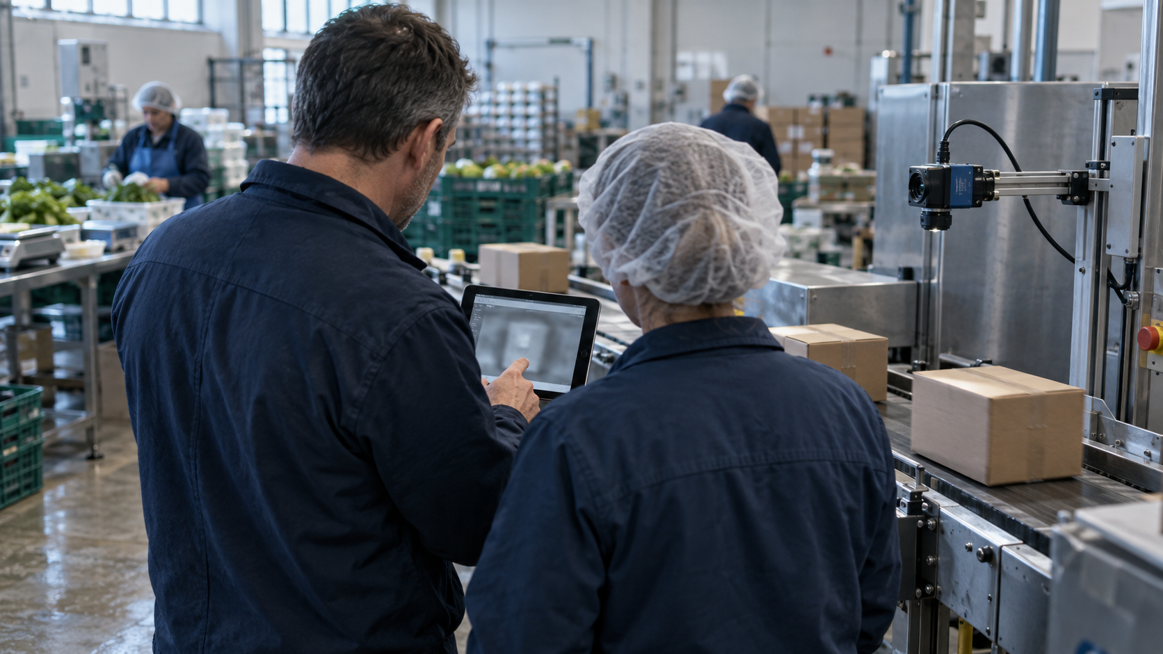 A small British food packing workshop in mid-morning, with a technology consultant and production supervisor viewed from behind beside a working conveyor. They examine a tablet showing an indistinct i
