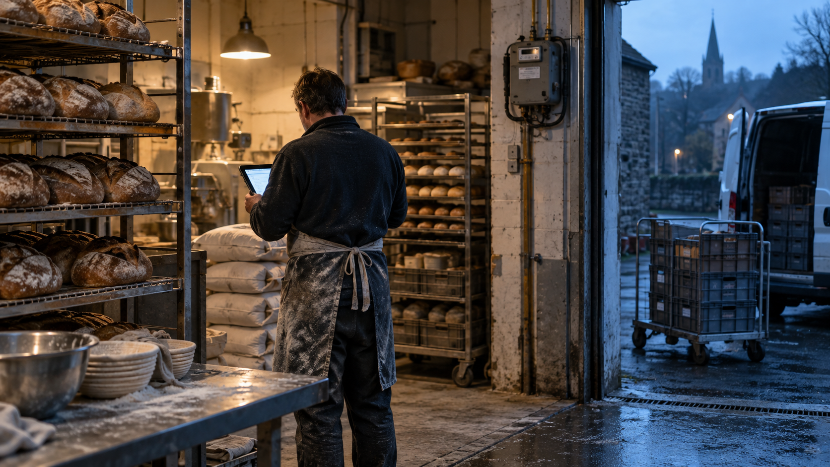 A small British wholesale bakery before opening, with an owner seen from behind checking a tablet beside stacked flour sacks and trays of fresh bread. A delivery trolley waits at the loading door, wit