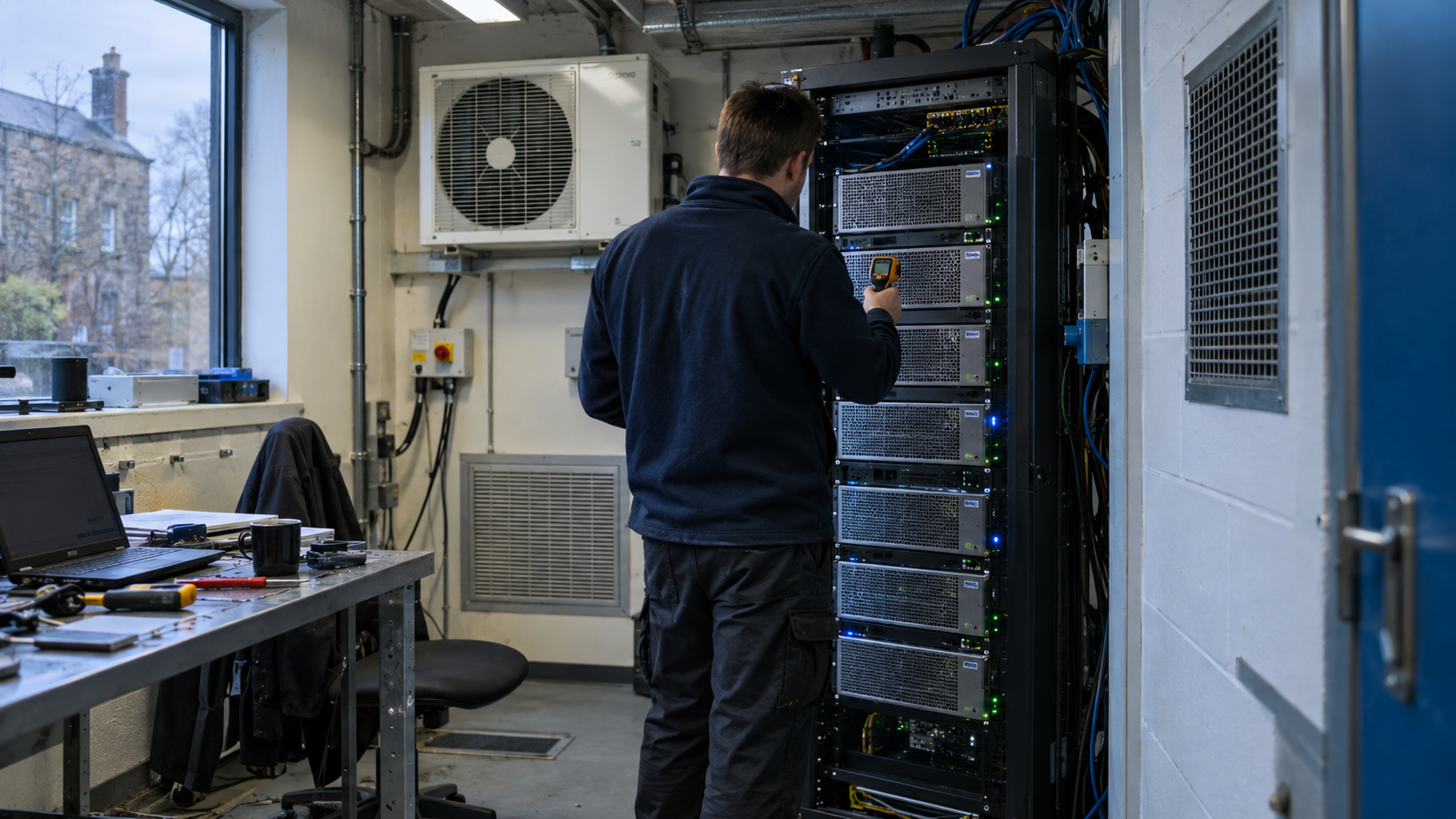 A UK SME’s equipment room during a daytime AI pilot: a rack-mounted GPU system stands beside a technician checking its front-panel indicators and a separate handheld temperature probe, with ventilatio