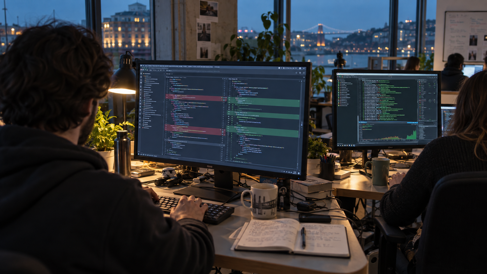 In a Bristol software company after dusk, a developer reviews an AI-generated code change on a large monitor while a colleague checks test results on a second screen. Show hands on the keyboard and a 