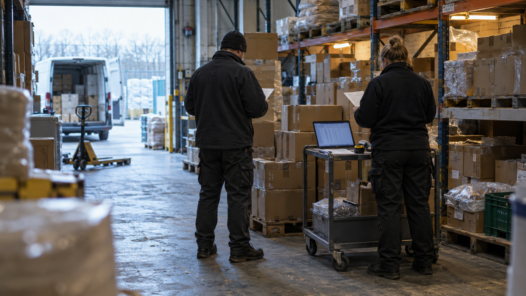 A realistic editorial photograph inside a small British wholesale warehouse at early morning stocktake. Two staff members, photographed from behind with no identifiable faces, check boxed goods agains