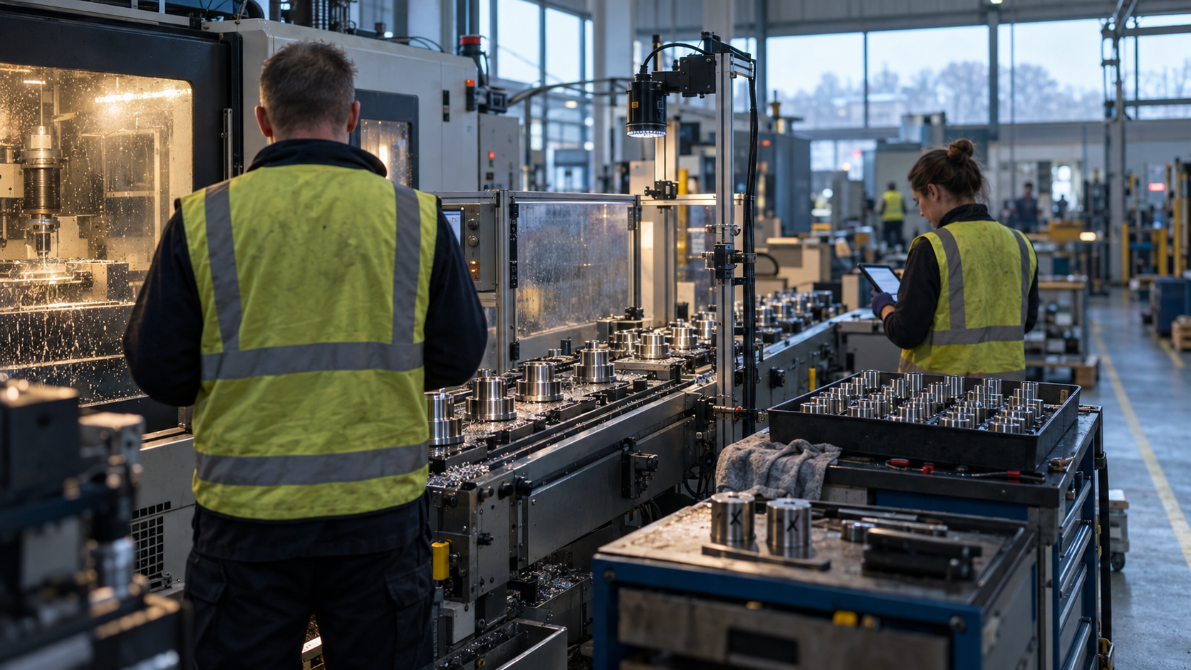 Inside a working Midlands components factory at early morning, an engineer in high-visibility clothing watches a small CNC production line run while a colleague checks a tablet beside a tray of newly 