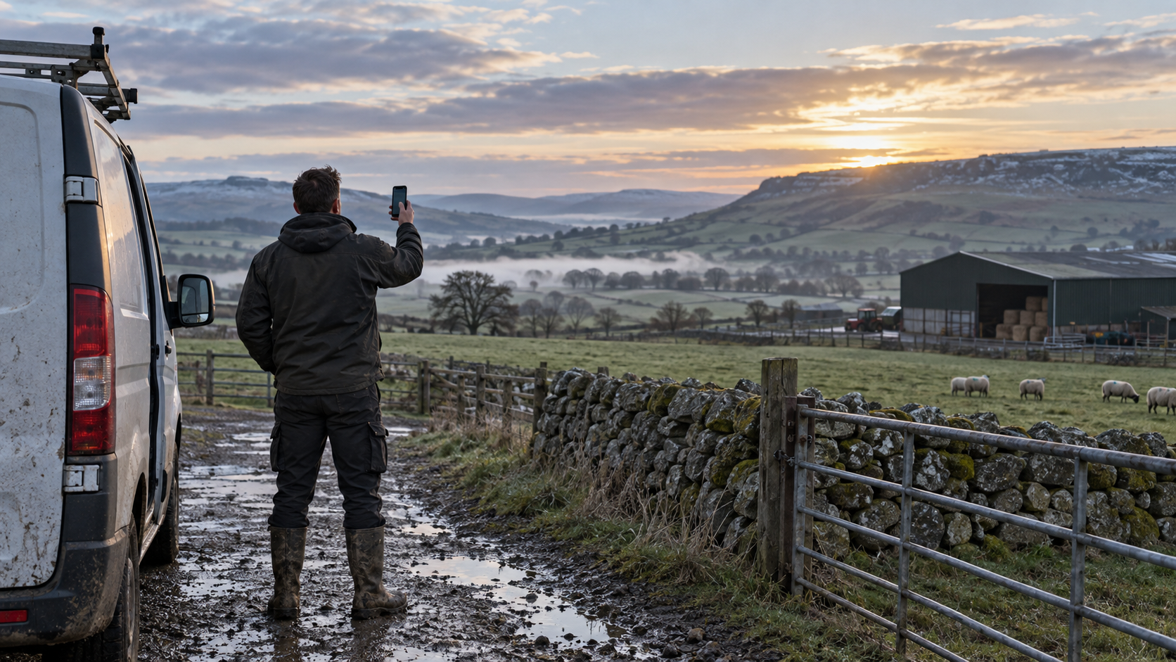 A maintenance engineer seen from behind beside an unbranded work van on a remote Northumberland farm track at early morning, holding a smartphone towards open sky while checking in after a site visit.
