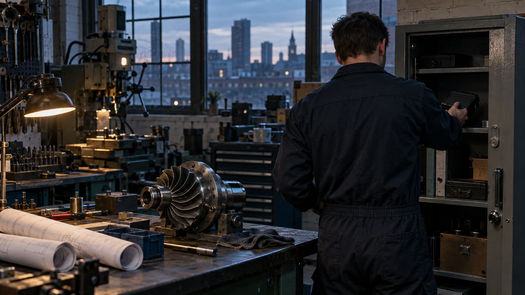 A realistic editorial photograph inside a small British precision engineering workshop at dusk. A technician seen from behind places a portable encrypted storage drive into a locked steel cabinet besi
