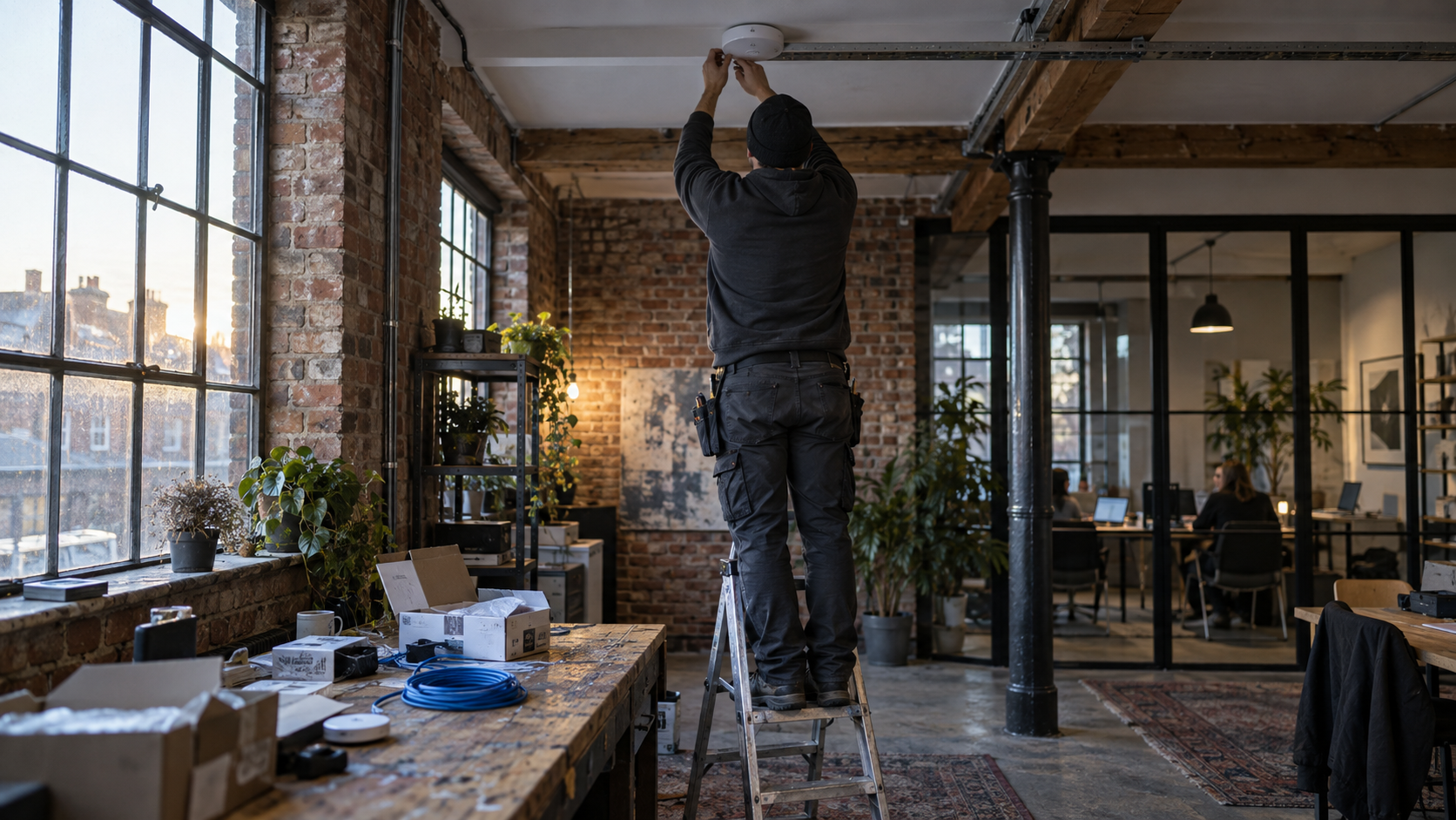A network installer on a small stepladder fitting a white ceiling access point in a converted British brick workshop used by a small design business. Open equipment packaging and a coiled Ethernet cab