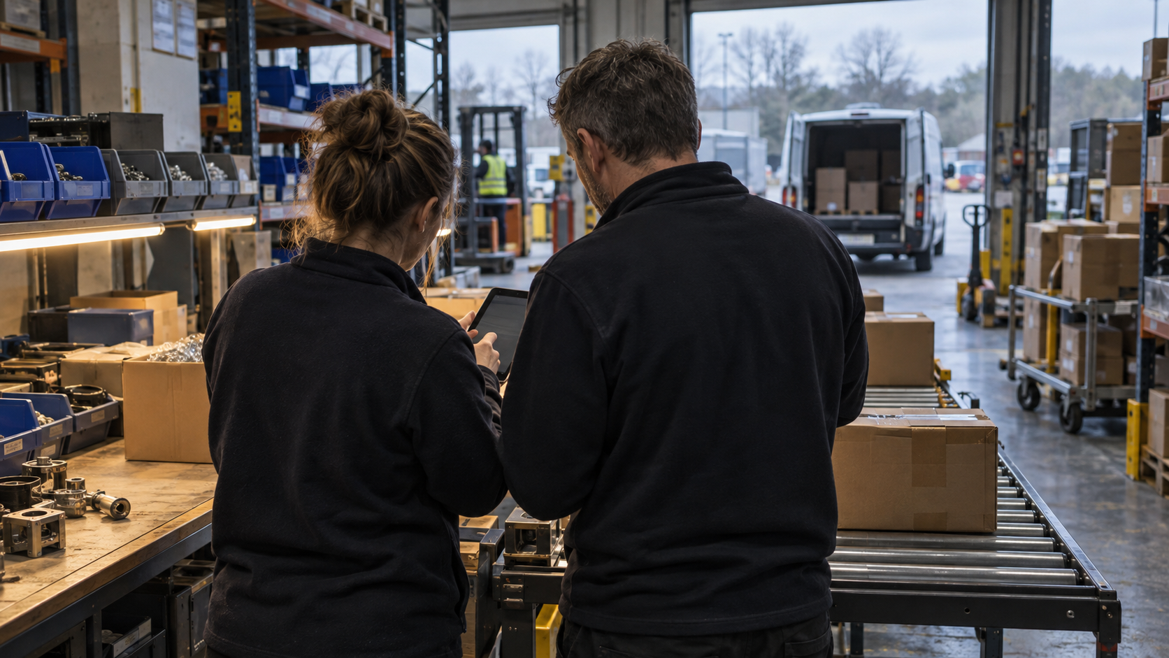 A realistic editorial photograph inside a modest British engineering wholesaler’s dispatch area on an autumn morning. Two staff members, seen from behind with no identifiable faces, examine a tablet b