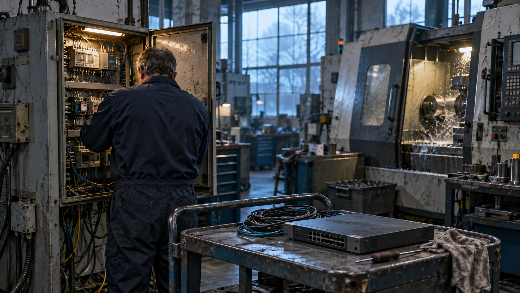 A realistic editorial photograph inside a Midlands engineering workshop during an early morning maintenance window. An engineer seen from behind inspects an ageing industrial control cabinet beside a 