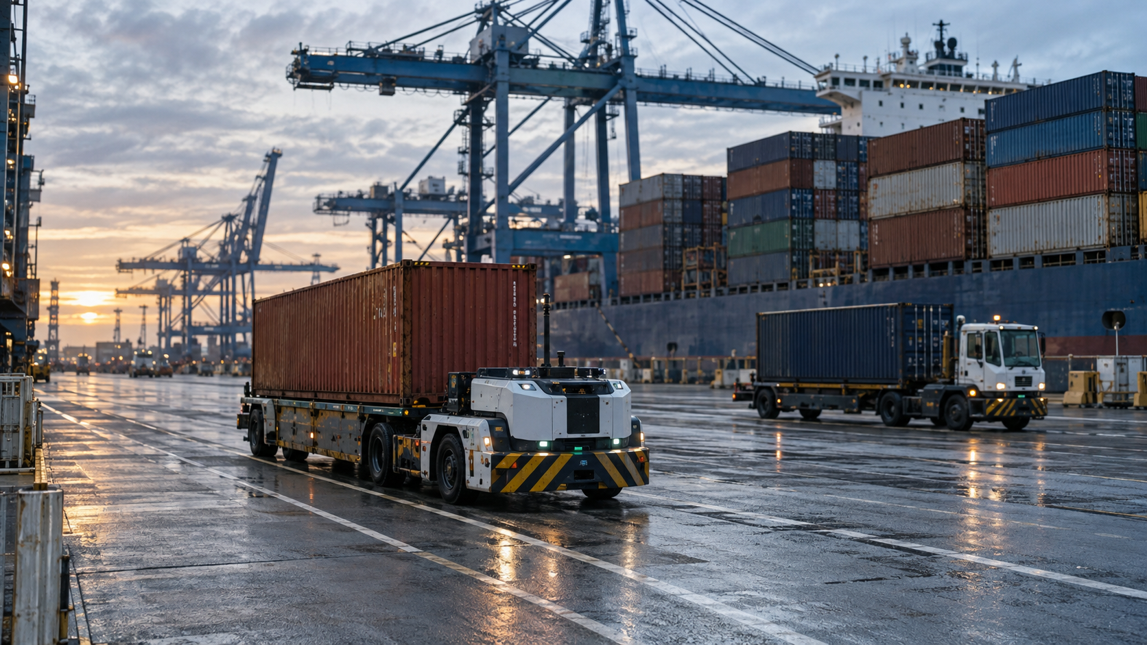 A realistic editorial photograph at Felixstowe container terminal at dawn, showing a battery-electric autonomous terminal tractor carrying a container past stacked freight boxes, with towering quay cr
