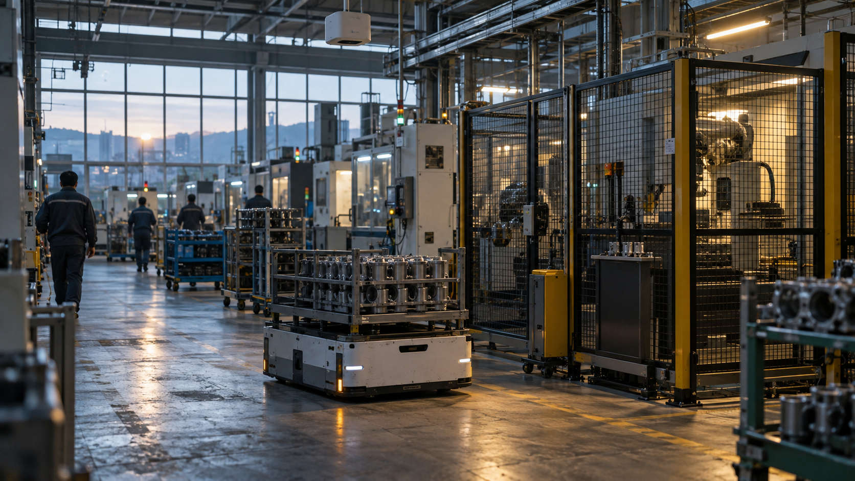 A realistic editorial photograph inside a South Korean automotive components factory at early morning shift change. A compact autonomous mobile robot carries metal parts beside a guarded inspection ce