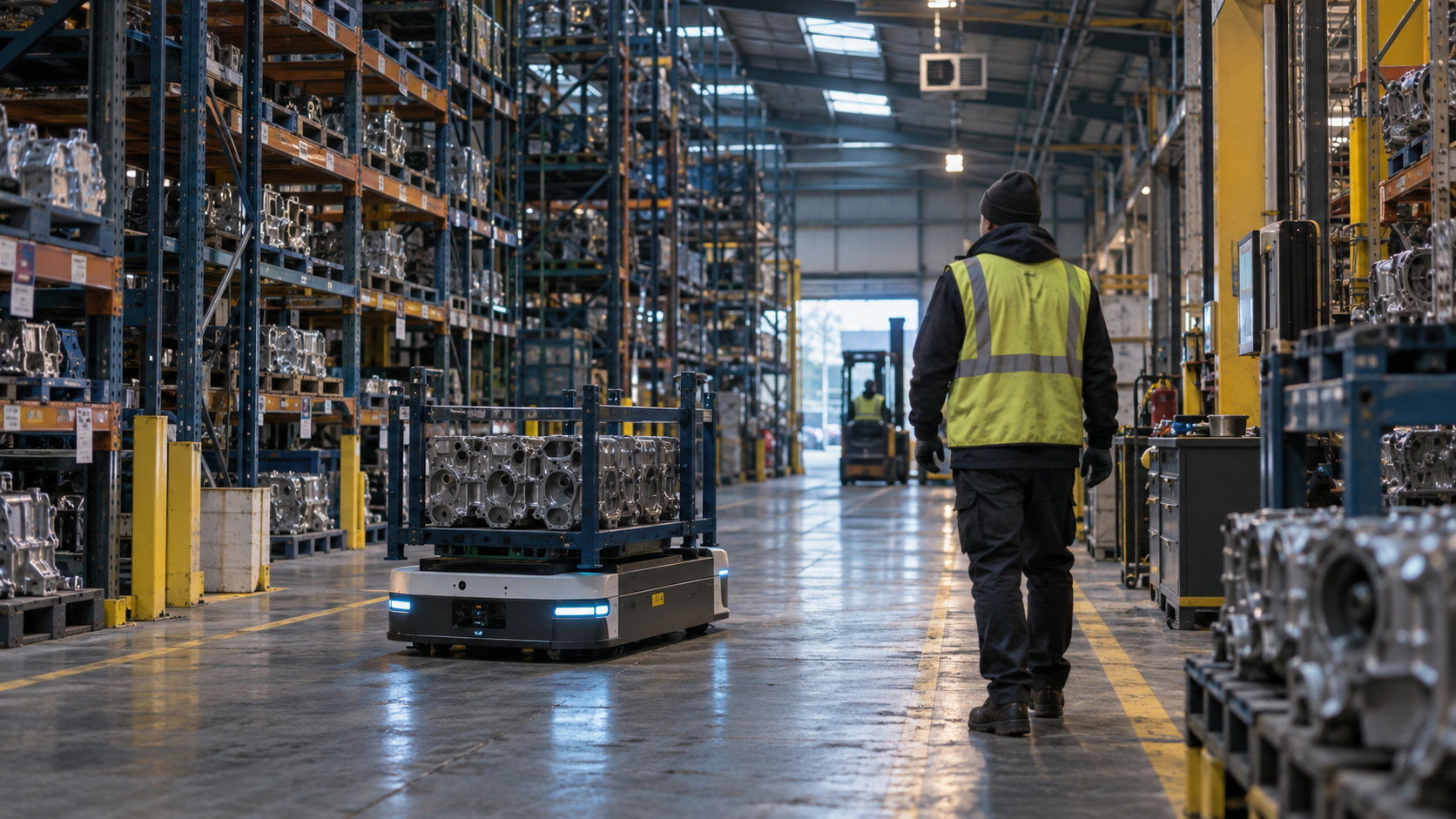 A realistic editorial photograph inside a working Midlands automotive components warehouse during an early morning shift. A low autonomous mobile robot carries metal parts between densely stocked rack