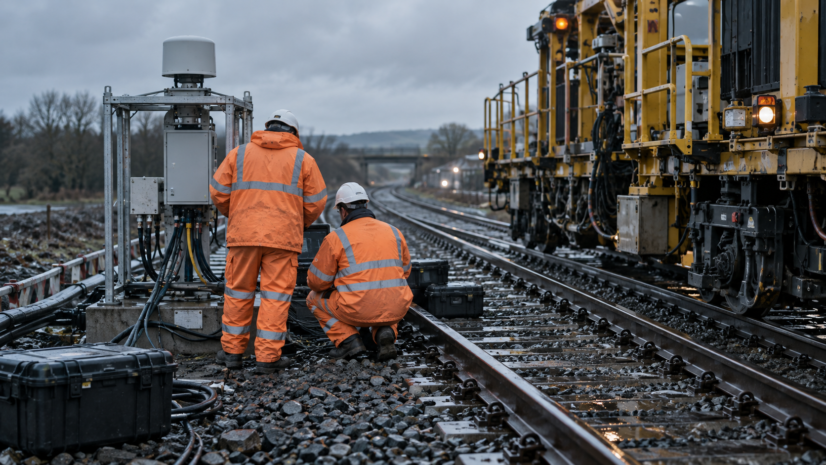A realistic editorial photograph at a British railway engineering test site on an overcast morning, showing two engineers from behind checking an enclosed experimental sensing instrument beside a stat