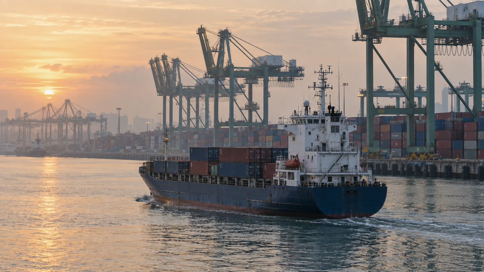 A realistic editorial photograph from the quayside at Singapore’s Pasir Panjang container terminal at first light, showing a compact container feeder moving slowly past stacked containers and working 