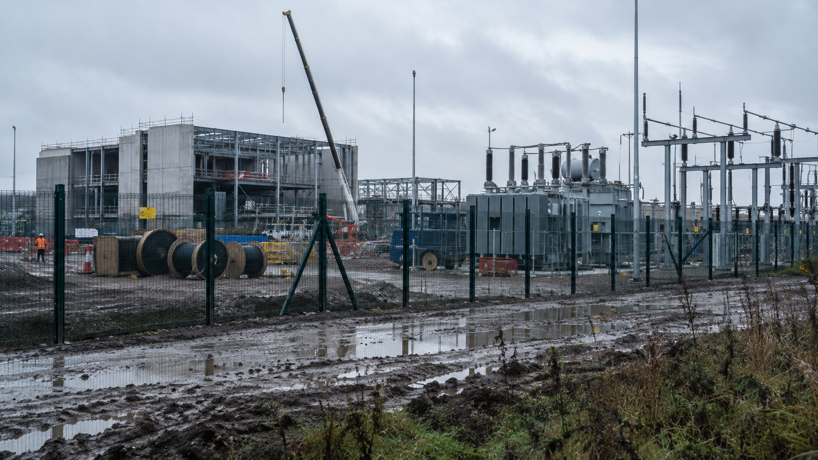 A realistic editorial photograph of a British data-centre construction site beside an electricity substation on an overcast autumn morning. From outside the perimeter fence, show unfinished industrial