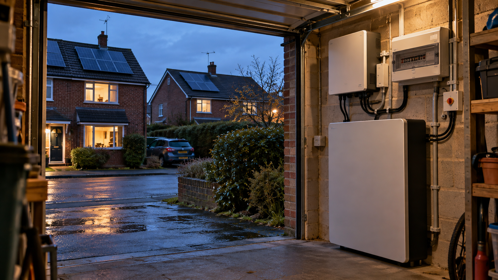 A realistic editorial photograph looking into an open garage beside a modest British semi-detached house at early evening. A wall-mounted domestic battery and neatly installed electrical equipment sit