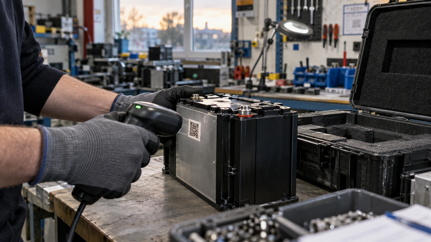 A realistic editorial photograph inside a small British battery assembly workshop in late afternoon. Gloved hands scan a square code attached to a finished battery casing beside an open transport crat