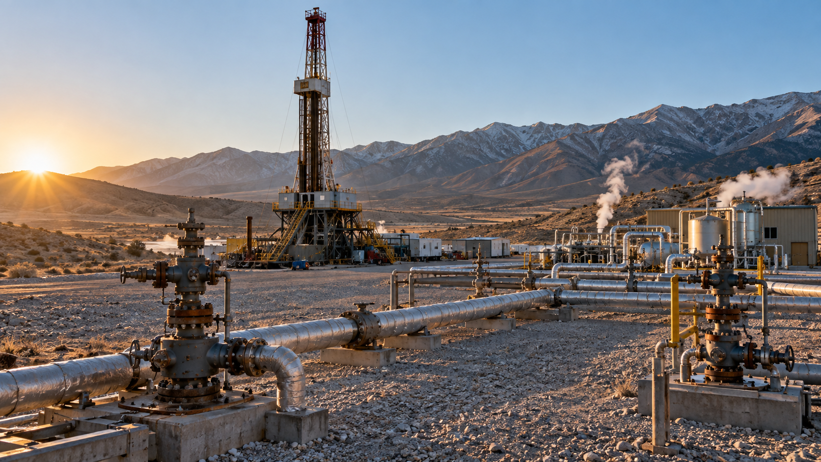 A realistic editorial photograph of a geothermal drilling site near Milford, Utah, at early morning, with a tall drilling rig, steel wellheads and insulated surface pipes crossing pale gravel towards 
