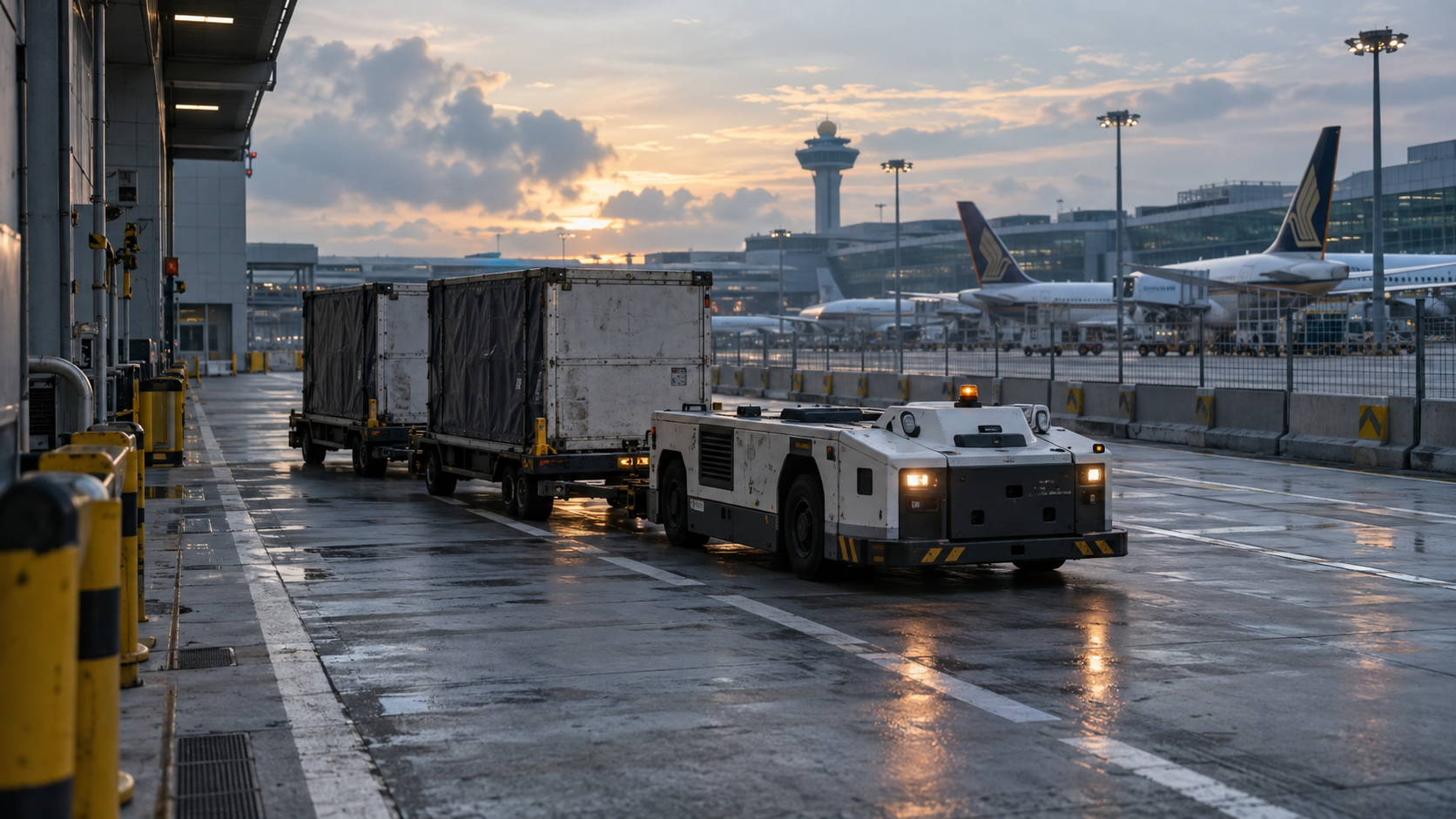 A realistic editorial photograph on the airside service apron at Singapore Changi Airport at dawn, showing an autonomous baggage tractor towing enclosed baggage containers along a marked lane beside a