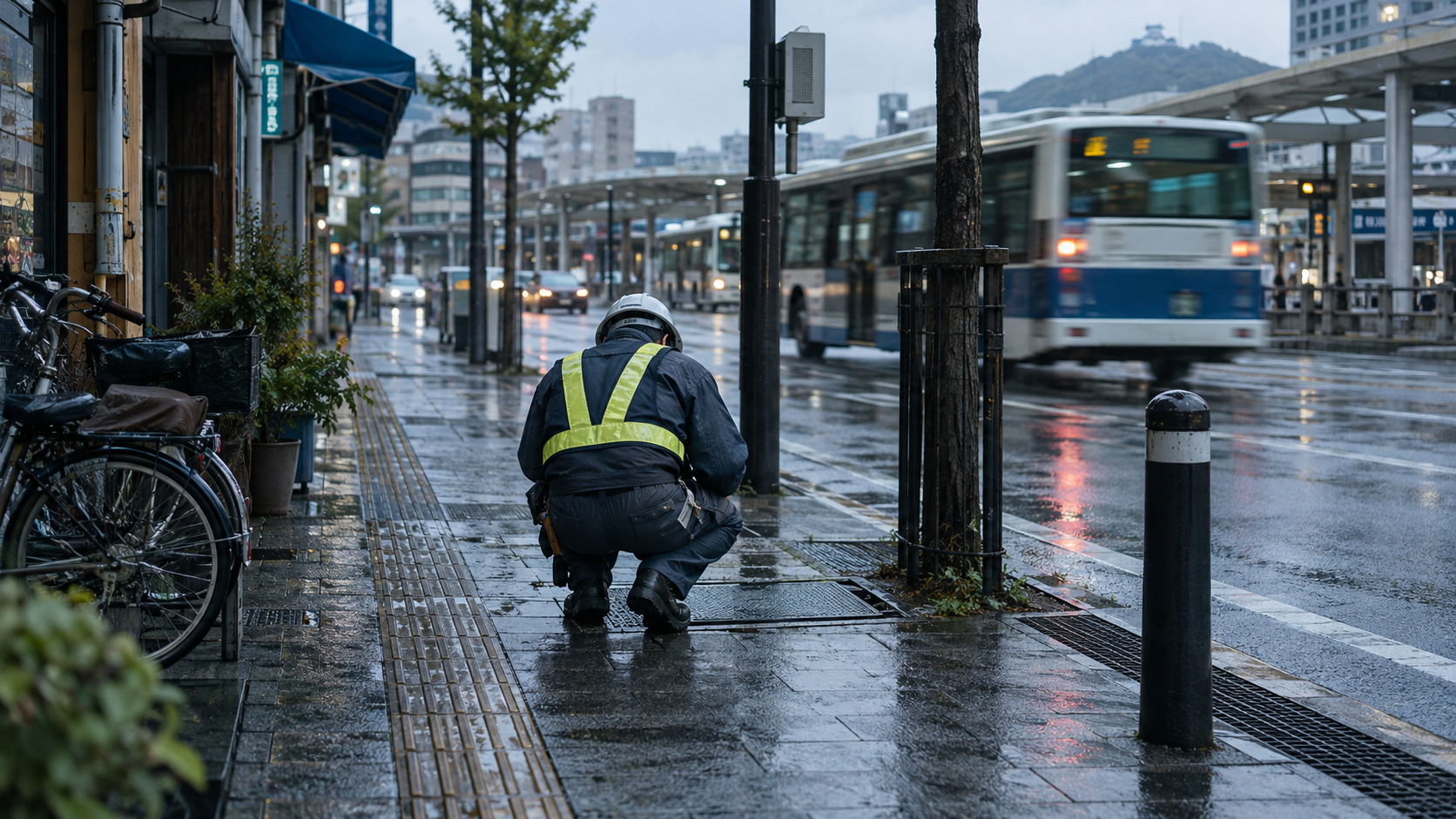 A realistic editorial photograph beside a municipal bus interchange in Takamatsu, Japan, on a rain-cleared morning. A maintenance worker seen from behind checks a pavement access cover while a bus pas