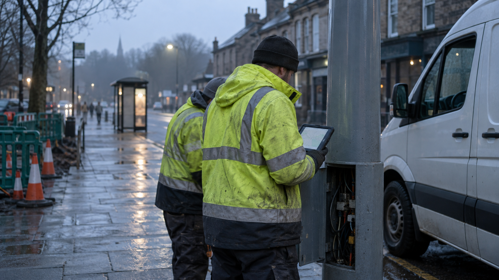 A realistic editorial photograph on a British high street at dawn, showing a street-lighting maintenance crew inspecting an open lamp-column service hatch beside a parked utility van. One worker holds