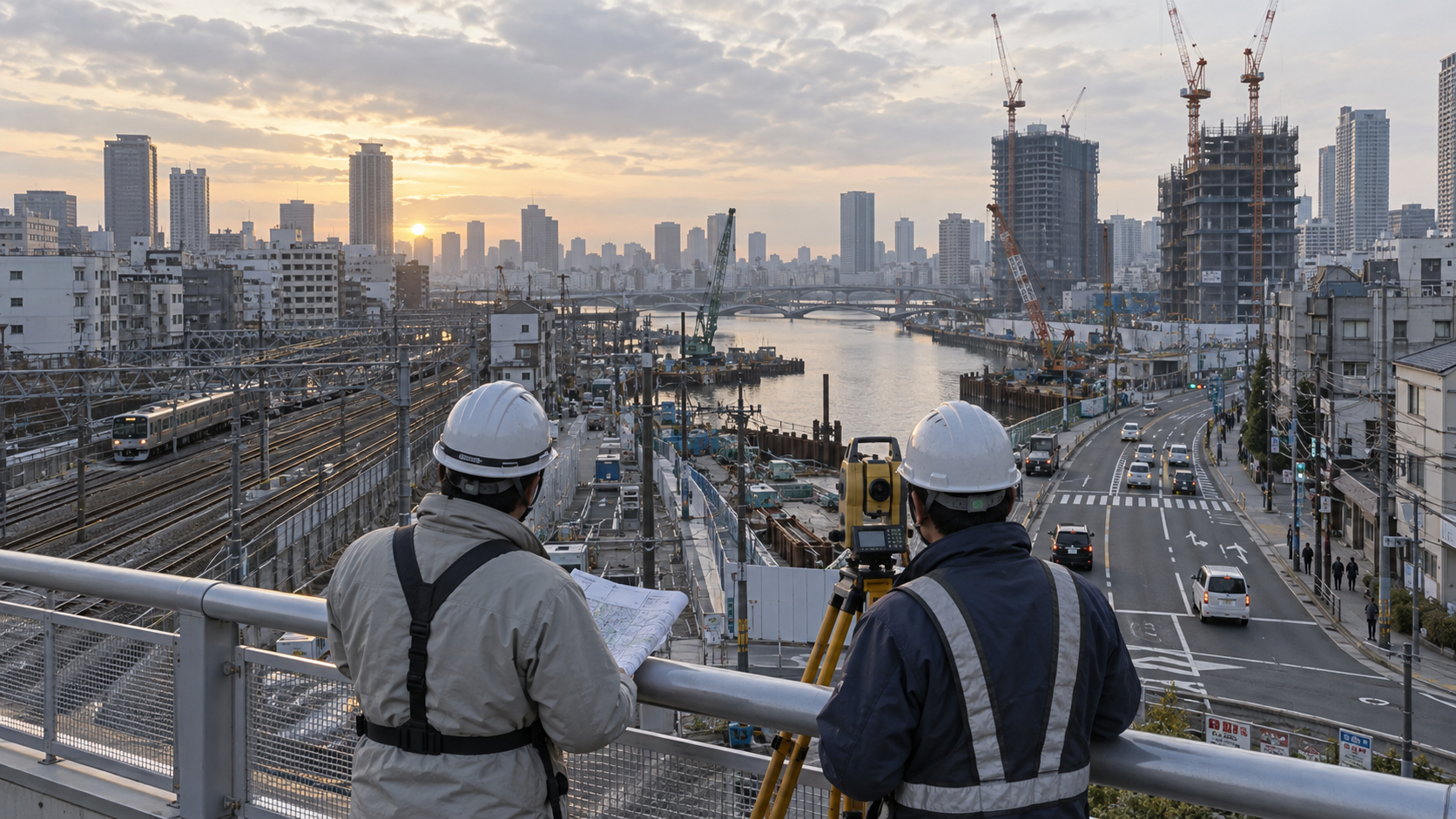 A realistic editorial photograph from an elevated pedestrian walkway above a riverside regeneration site in Osaka, showing railway tracks, an active road junction, older buildings and new construction