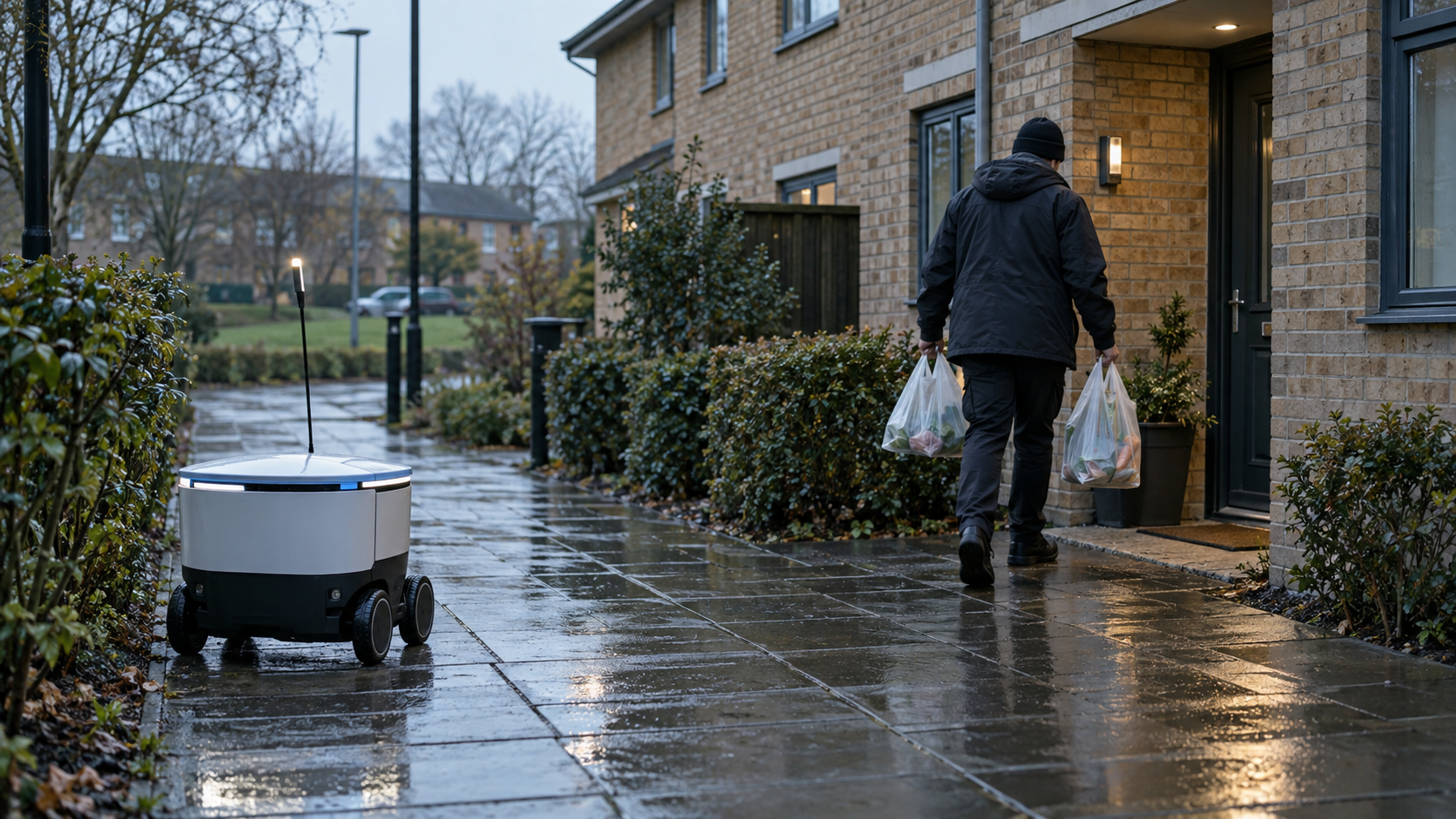 A realistic editorial photograph on a residential street in Milton Keynes in early morning light after rain. A small unbranded delivery robot waits on a broad paved path beside a grocery collection po