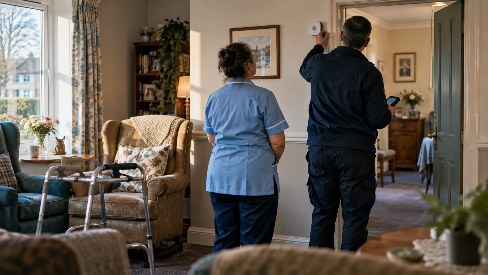 An early-morning scene inside a modest British care home lounge, with warm daylight falling across armchairs and a walking frame. A care worker and visiting technician, photographed from behind with f