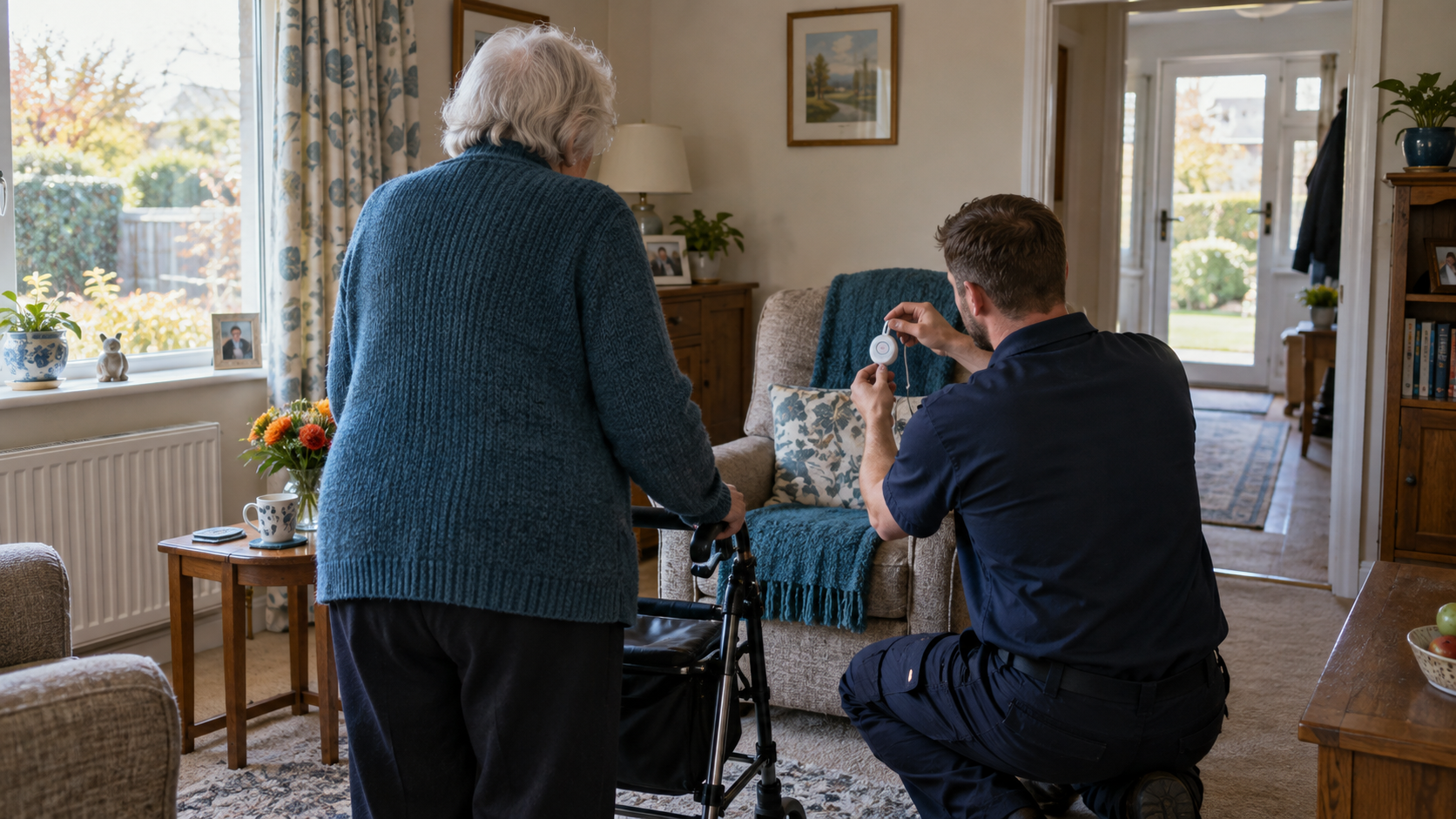 A realistic editorial photograph inside a modest British bungalow on a bright autumn morning, showing an older resident from behind beside a rollator while an installer demonstrates a small alarm unit