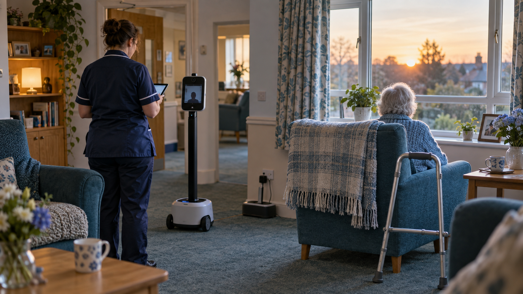 A realistic editorial photograph inside a modest British residential care home at early morning shift change. Seen from behind, a care worker checks a tablet beside a compact wheeled telepresence devi