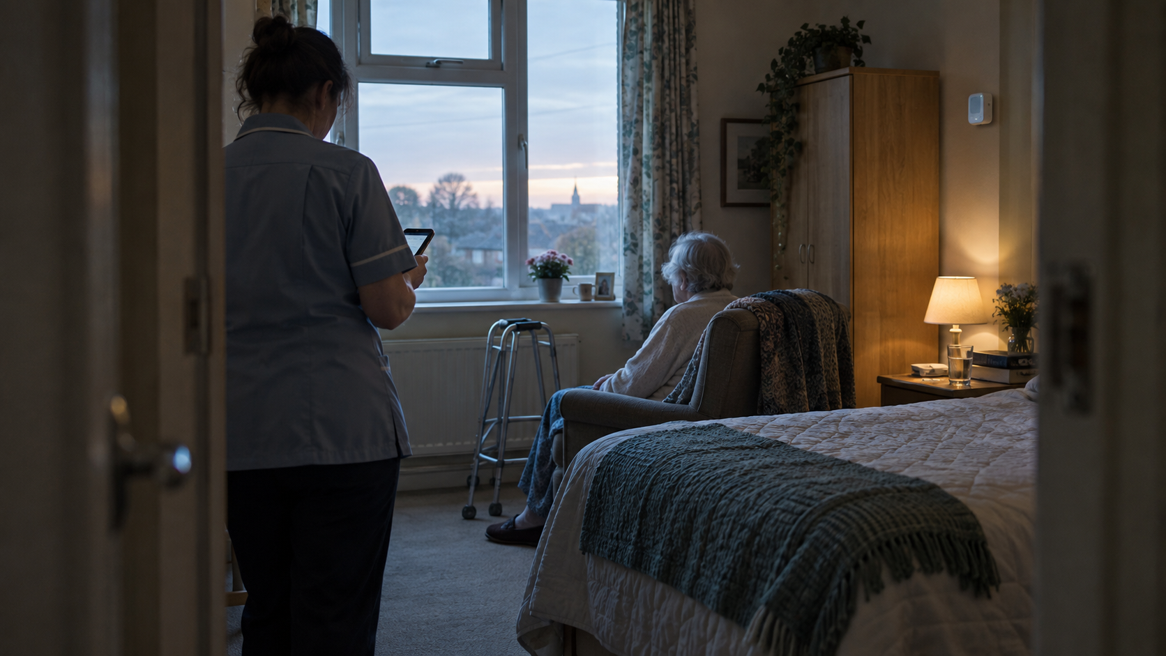 A British care home at dawn, photographed from a bedroom doorway as a care worker seen from behind checks a handheld device before approaching an older resident seated beside the window. A discreet wa