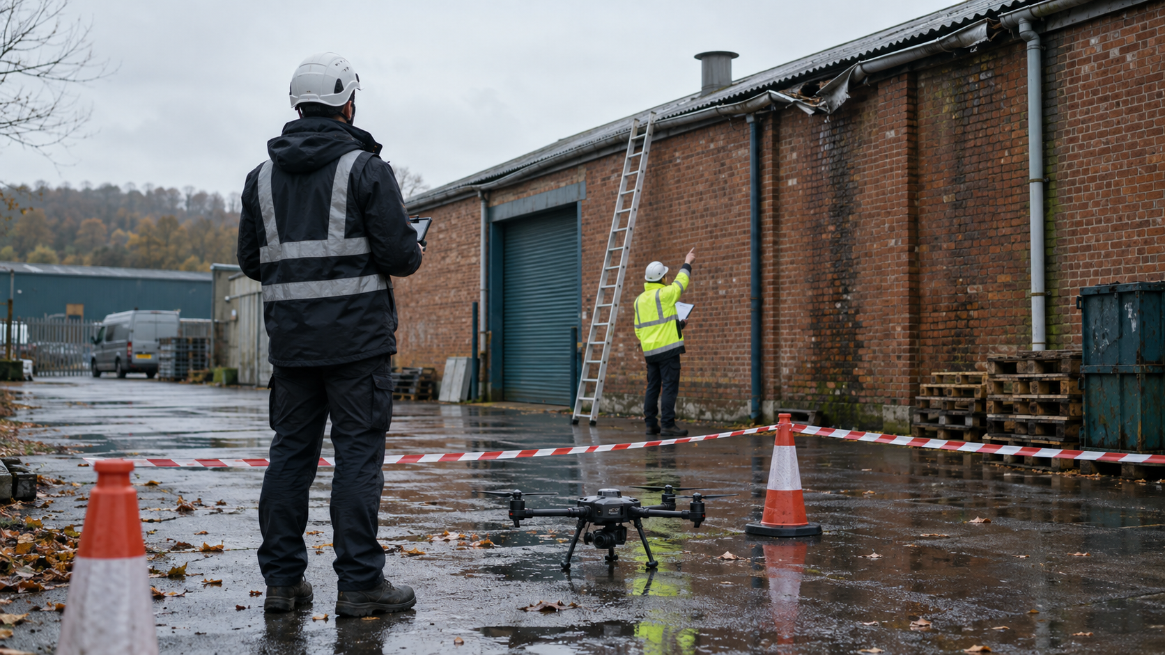 A realistic editorial photograph at a British brick industrial warehouse on an overcast autumn morning, showing a compact inspection drone beside damaged roof guttering. In the foreground, a helmeted 