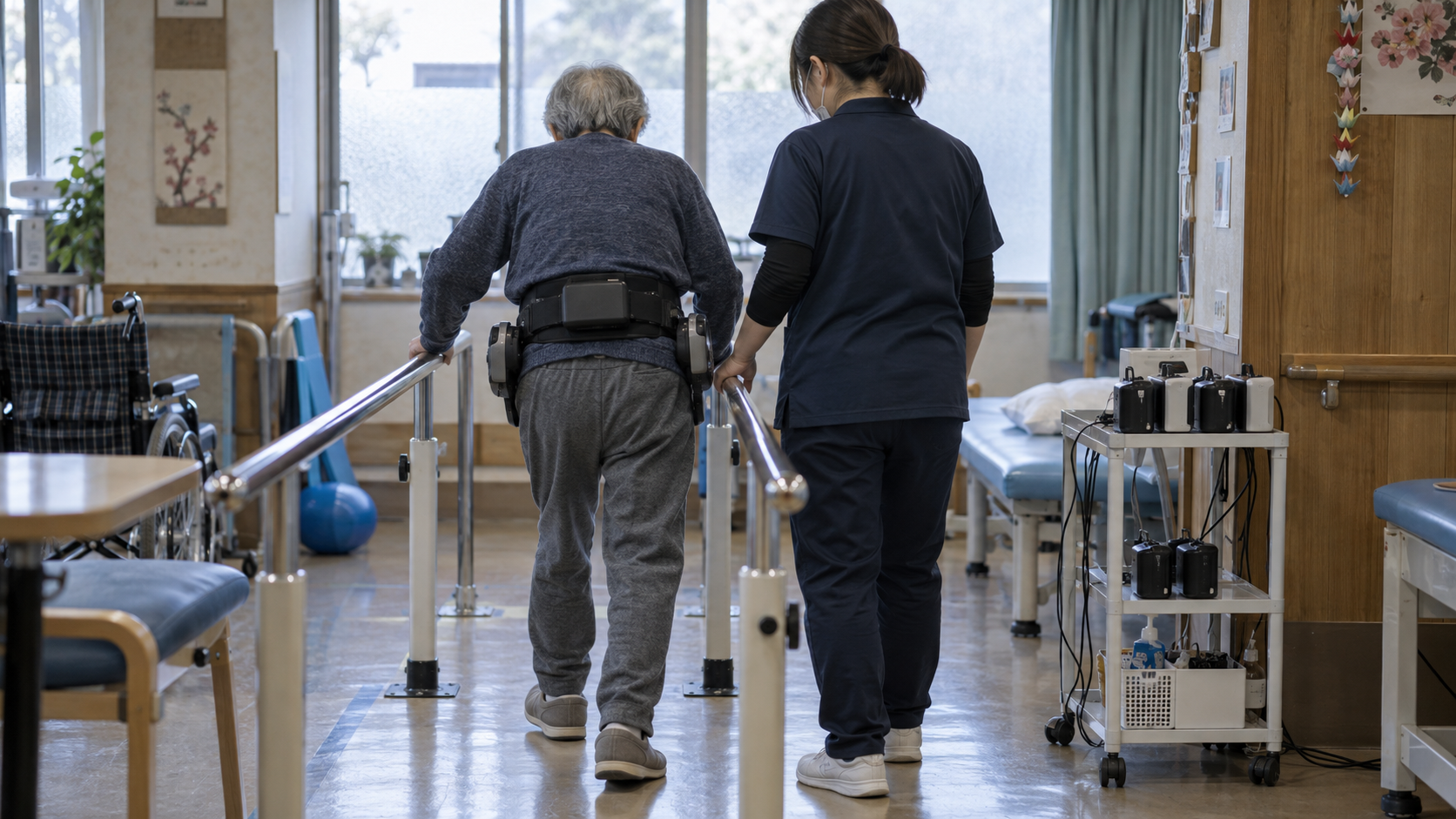 A realistic editorial photograph inside a modest Japanese care home rehabilitation room in late morning. An older adult, photographed from behind, practises walking with a compact waist-mounted assist