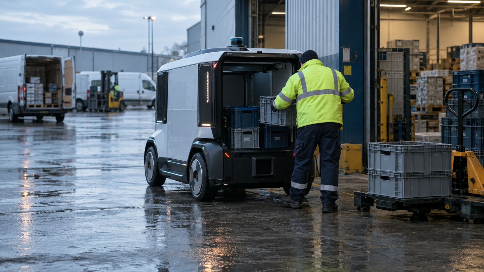 A staged editorial photograph at a British wholesale depot during an early morning prototype demonstration. A compact, unbranded autonomous cargo vehicle stands beside an open loading bay while a work