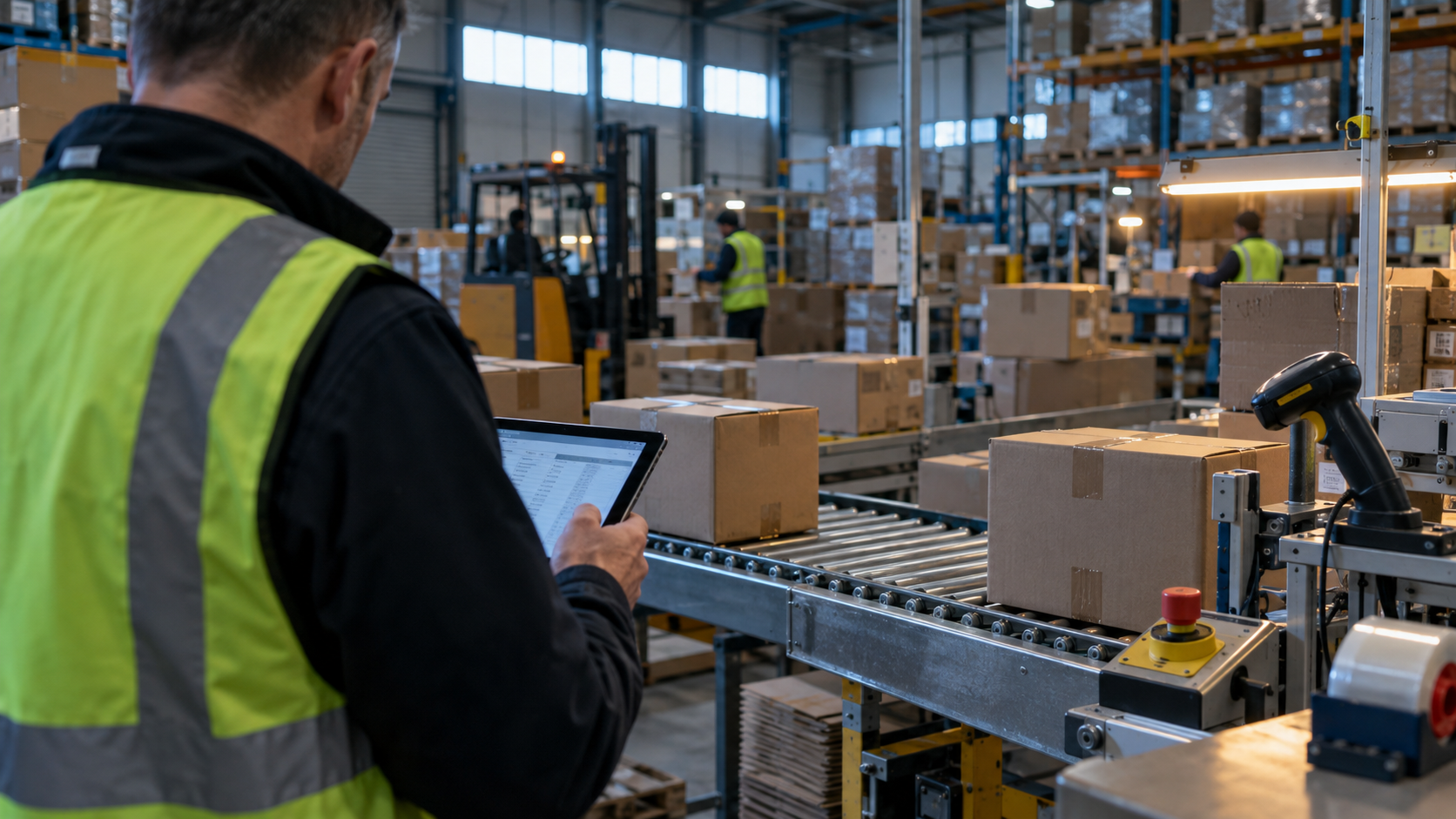 A realistic editorial photograph inside a modest British wholesale warehouse at early morning, viewed over the shoulder of an unidentifiable operations manager inspecting a tablet beside a paused pack